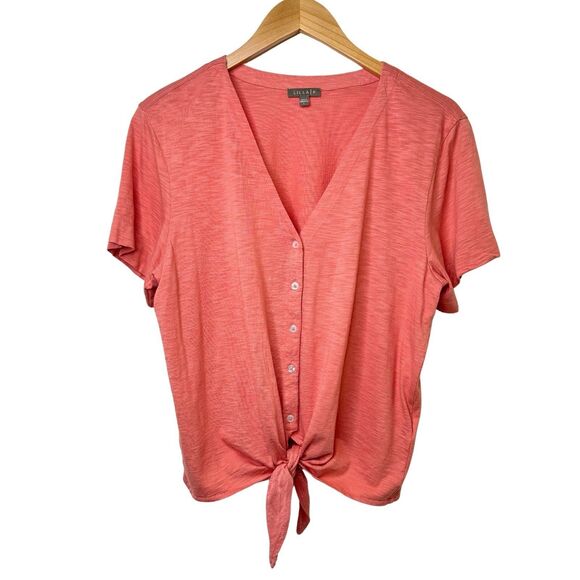 LILLA P Shirt Top Sz L Peach Cotton Blend V-neck Button Tie Front Short Sleeves - Picture 1 of 8